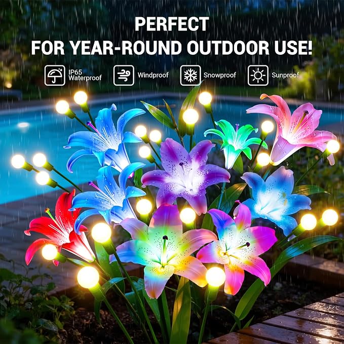 Solar Garden Lights Outdoor: 4 Pack 2-in-1 Color Changing Solar Lily Flower Lights with Firefly Swaying Light, Waterproof Garden Decor for Yard Patio Flowerbed Lawn, Gardening Gifts for Women