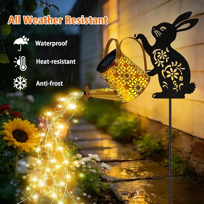 Solar Watering Can Lights, 2 Pack Bunny Hanging Lantern Solar Lights Outdoor, Rabbits Lover Gifts for Mom Women Birthday Mother's Day, Waterproof Garden Decor Outside Patio Yard Pathway Backyard