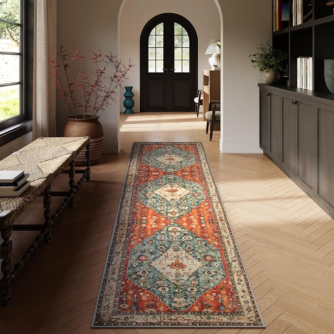Lahome Felice Boho Tribal 2'6" x 10' Washable Runners for Hallways, Oriental Kitchen Runner Rugs Non Skid Washable, Oriental Soft Long Stair Carpet Runner for Living Room Bedroom, Rust/Dull Teal