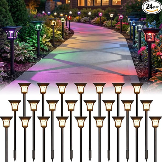 CINOTON 24 Pack RGBCW Solar Pathway Outdoor Lights, 3 Lighting Modes Solar LED Garden Lights, IP65 Waterproof Outside Solar Powered Landscape Lighting for Planter Lawn Pool Balcony RGB/Warm/Cold White