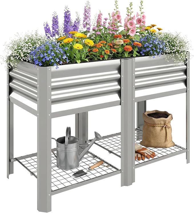 Outsunny Galvanized Steel Raised Garden Bed with Storage Shelf and Bed Liner, Elevated Planter Box with Legs for Flowers, Vegetables, and Herbs, for Outdoor Patio Yard, Glove Included, Silver