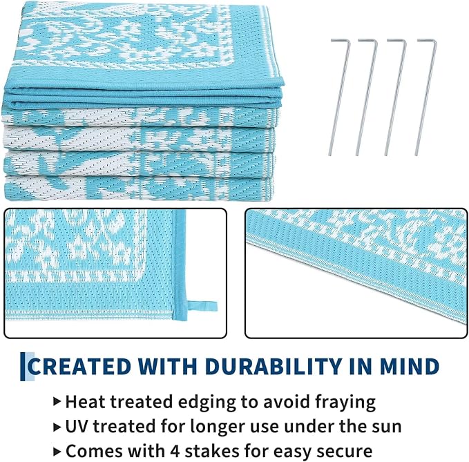 Garvee Outdoor Rug 5x8, Waterproof Reversible Foldable Plastic Straw Rug, Botanical cottagecore Outdoor Rugs Patio Camping RV Carpet for Deck Camper Porch Balcony Backyard Picnic Beach Blue