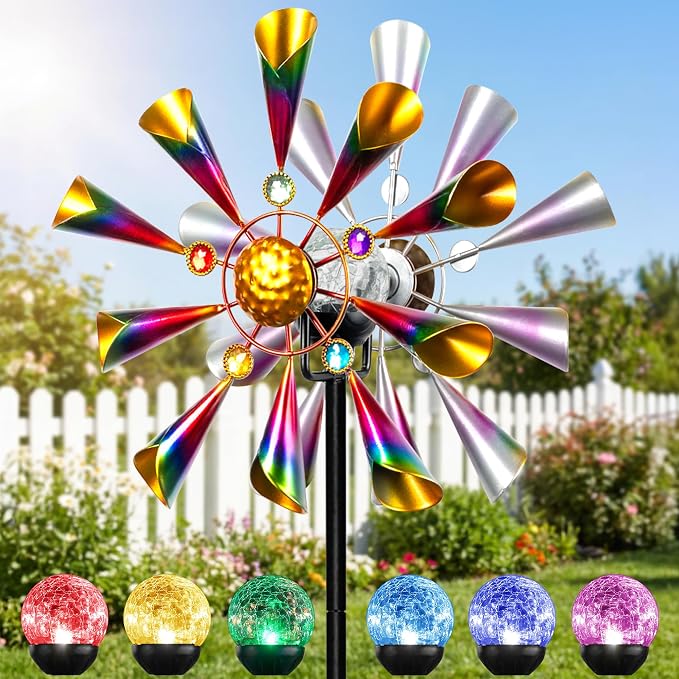 Solar Wind Spinner Outdoor Metal Garden Decor with Color LED Glass Ball | Kinetic Metal Wind Spinner Creates Colorful Yard Art With A Glowing Crackle Glass Ball For Garden, Patio, Lawn And Pathway