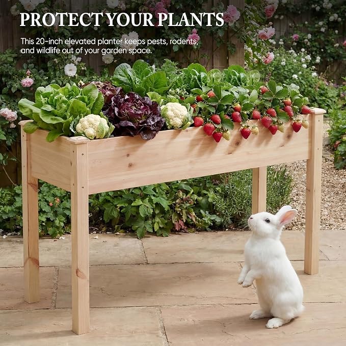 DUMOS Raised Garden Bed 34x18x30 Inch, Outdoor Planter Box with Legs, Elevated Wood Garden Bed with Liner for Herbs Flowers Vegetables, Wooden Planter Box for Patio, Balcony, Backyard, Natural Wood