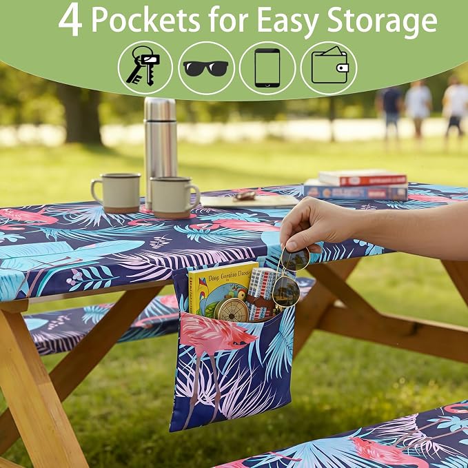 Fitted Waterproof Picnic Table Cover with Bench Covers Heavy Duty Elastic Outdoor Camping Tablecloth for 8 Foot Rectangle Tables Summer Rv Accessories Patio Garden Road Trip Essentials Gifts