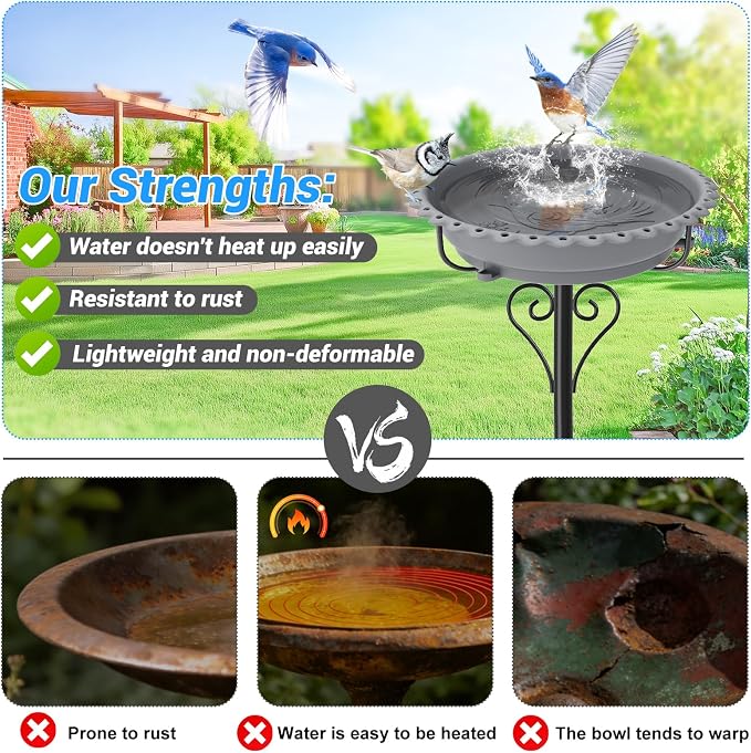 Birdbaths for Outdoors,40In Garden Birdbath with 12" Removable Plastic Bowl,Bird Baths Feeder with Sturdy 5 Prongs Base for Outdoor Garden Patio Yard Lawn Decor (Gray)