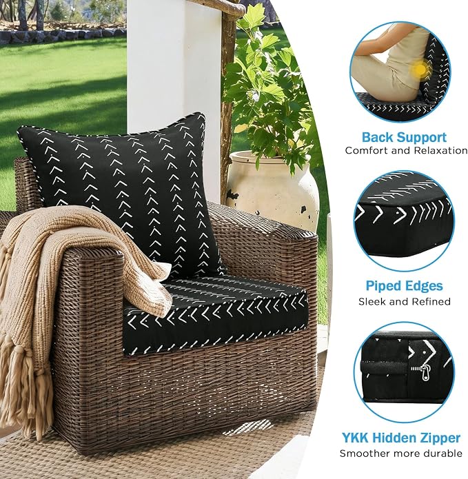 Outdoor Deep Seat & Back Cushion Set (2-Pack), 24 x 24 Inch Water Repellent and Fade Resistant Patio Furniture with Removable Cover for Outside Sofa Couch, Noir Trace