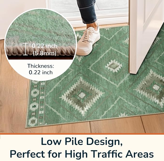 8'x10' Washable Area Rug for Living Room Bedroom Sage Green | Soft Western No Slip Low Pile Print Foldable Indoor for Kitchen Dining Room