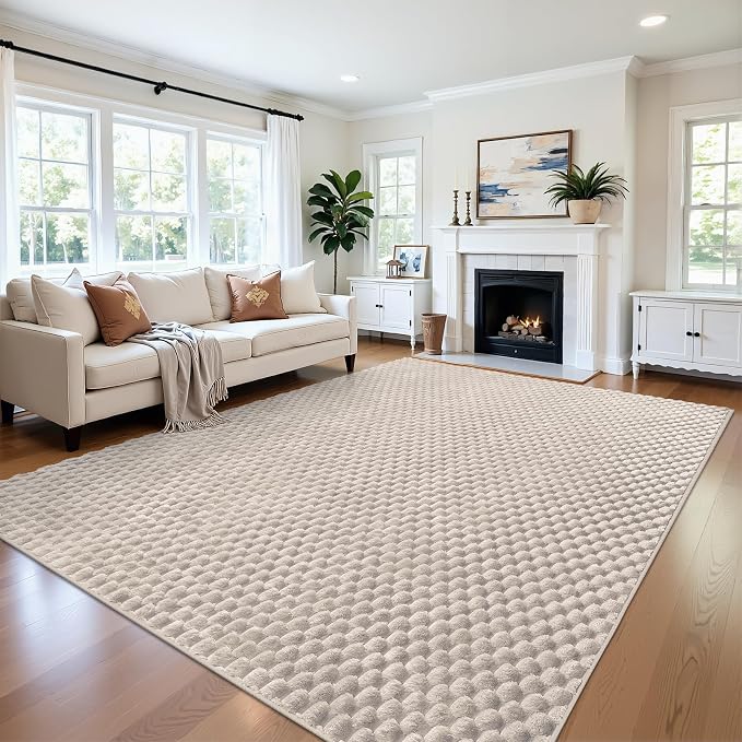 6x9 Area Rug for Living Room, Beige Washable 3D Bubble Bedroom Rug | Non Slip High Low Pile Hexagon Floor Mat for Dorm, Modern Soft Fluffy Carpet for Dining Room, Office and Nursery