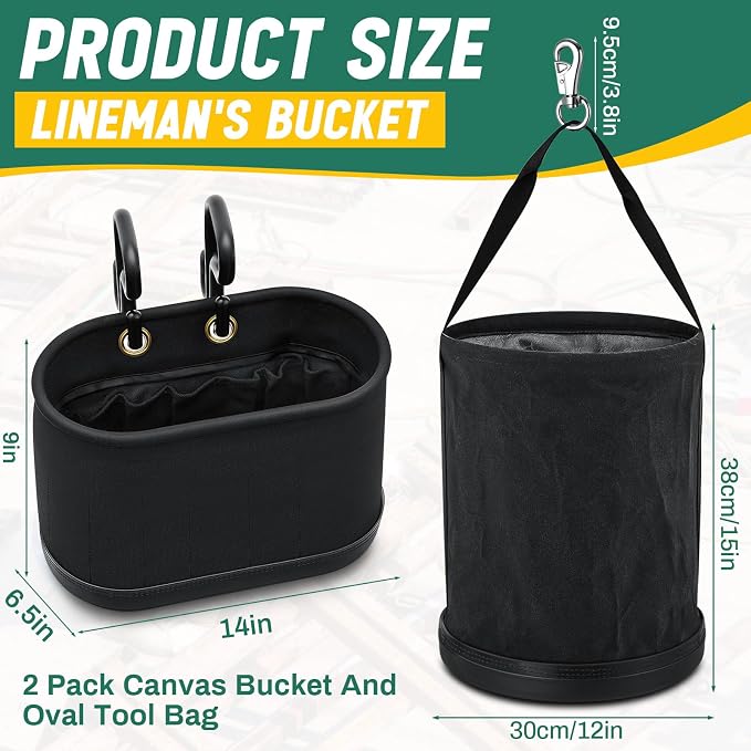 2 Pack Canvas Bucket and Oval Tool Bag, Bucket Tool Organizers with Plastic Bottom Metal Hook for Lineman Organizing Accessories