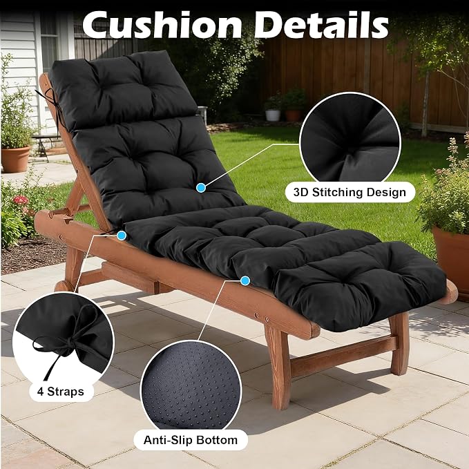 Chaise Lounge Cushions Outdoor, Waterproof & Fade Resistant Patio Lounge Chair Cushions for Outdoor Furniture, Chaise Cushion with Ties for Patio, Pool, Lawn and Beach, 75.1x22.8x4.7 Inch, Black