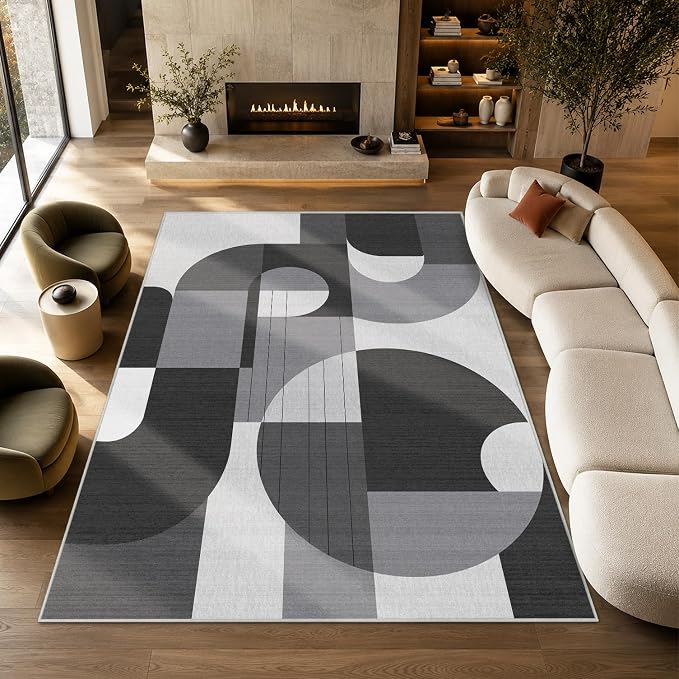 5x7 Black and White Geometric Modern Area Rug for Living Room Bedroom Abstract Large Rug Machine Washable Non-Slip Carpet for Dining Room Office