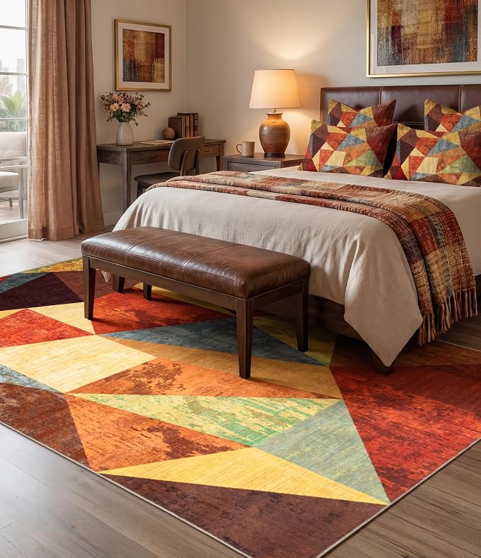 Orange Area Rug 6x9 for Living Room,Geometric Burnt Orange Area Rug Non Slip,Farmhouse Rugs Washable,Vintage Burgundy Carpets for Bedroom, Boho Rug for Kitchen,Dining Room