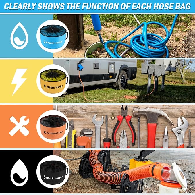 4 Pack RV Sewer Hose Storage with Drawstring Mesh Top, Waterproof RV Accessories Bags Utility Bag Organizer for Garden Fresh Water Hoses Electrical Cords Camper Tools