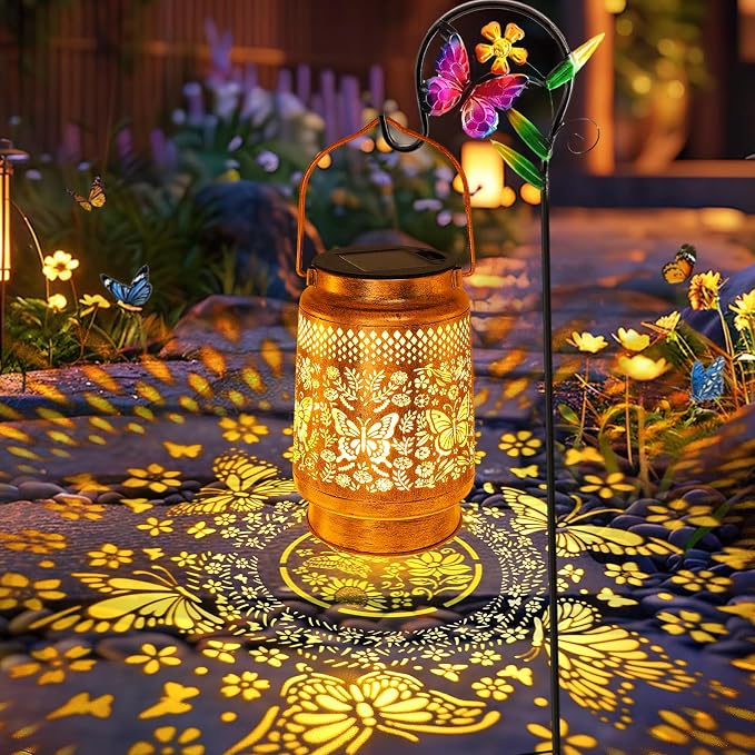 Butterfly Solar Lanterns Outdoor with Shepherd Hook, Birthday Gift Mothers Day Gift for Women Mom Grandma Wife Daughter, Waterproof LED Hanging Lights, Decor for Yard Garden Patio Porch Lawn Tabletop