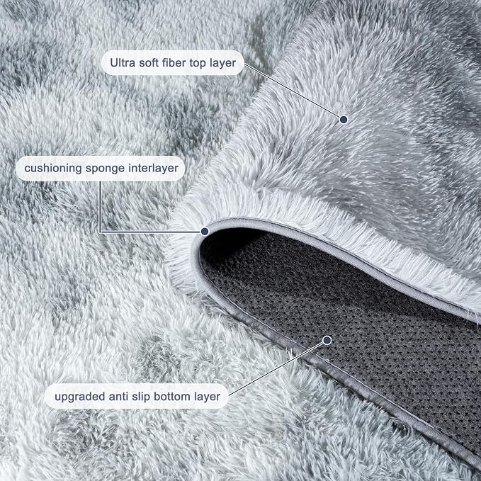 Rugs for Bedroom, Ultra Fluffy Fuzzy Shag 5x7 Area Rug for Living Room, Modern Plush Soft Upgrade Non-Slip Carpet for Kids Girls and Boys, Dorms, Nursery, Home Decor, Tie-Dyed White Grey