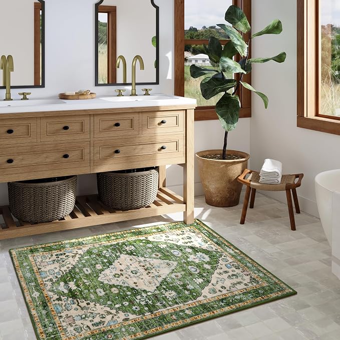 Lahome Felice Boho Tribal Area Rug - 3x5 Vintage Green Rug for Bedroom, Soft Non Slip Washable Entry Bathroom Mat Bohemian Indoor Accent Floor Chair Carpet for Entrance Coffee Table Foyer RV Hall