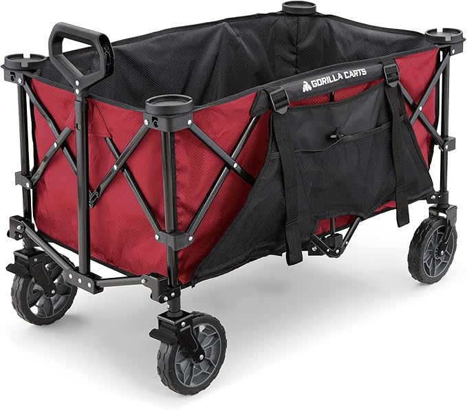 Gorilla Carts Collapsible Folding Outdoor Utility Wagon, 7 Cu Ft Oversized Bed, 150 lb Load Rating, Red – Foldable Rolling Cart w/ Pockets & Cup Holders for Beach, Camping, Sports or Picnic
