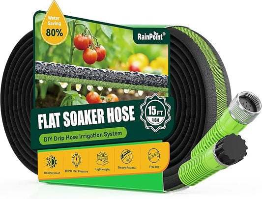 RAINPOINT 15FT Flat Soaker Hose for Garden, Flexible & Lightweight Drip Irrigation Hose with Anodized Aircraft Aluminum Fittings, Saves Up to 80% Water, Green