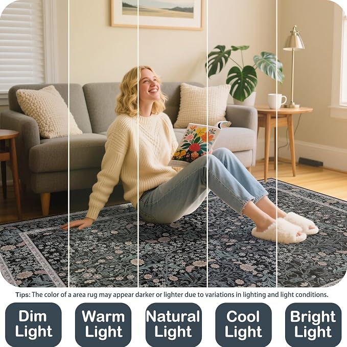 4x6 Area Rug for Bedroom Beside Rug, Laundry Room, Entryway, Kitchen, Washable Non-Slip Low Pile Ultra Soft Stain Resistant Carpet (Black)