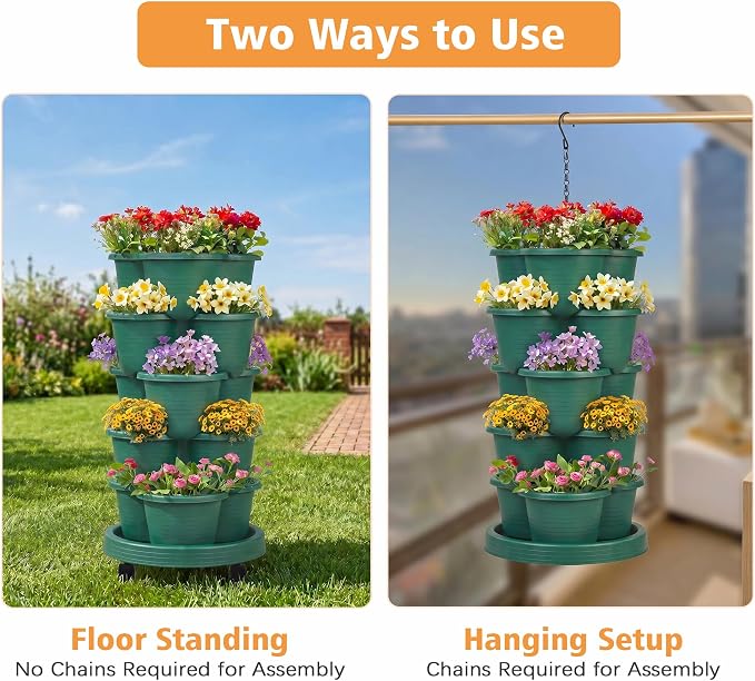 VECELO 5 Tier Vertical Garden Planter, Self Watering Stackable Planters with Wheels for Strawberries, Herbs, Flowers, Vegetables, Dark Green