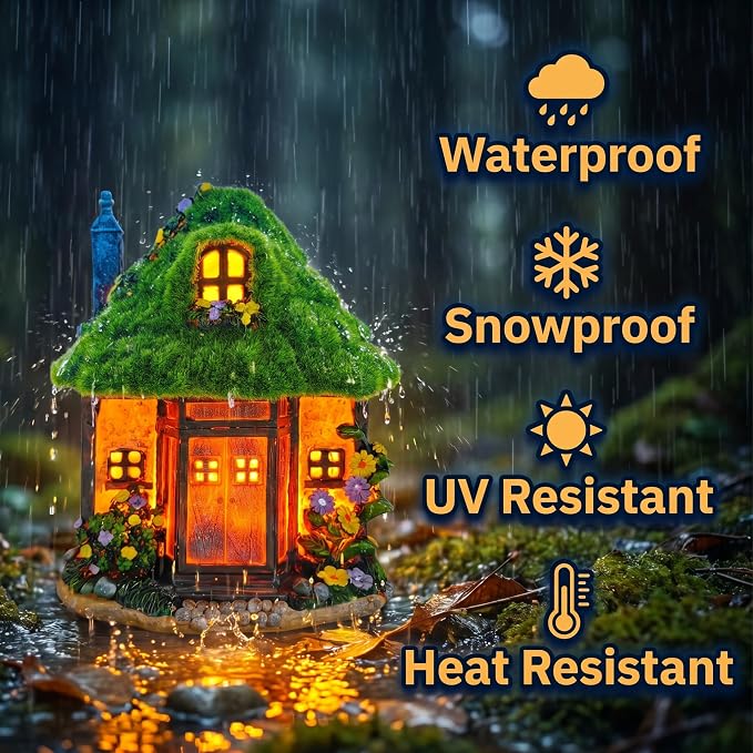 COWOS Solar Powered Fairy Tree House Sculpture with Flocked Roof & Chimney - Whimsical Outdoor Garden Decor with LED Lights