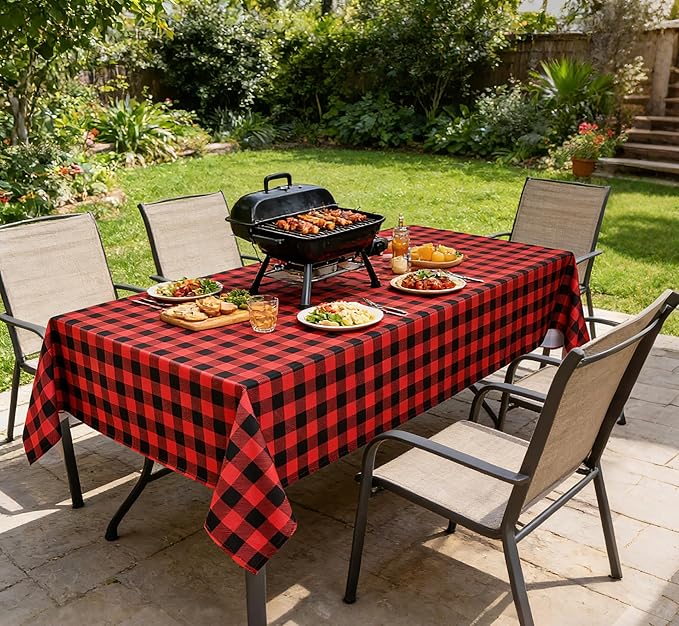 Waterproof Checkered Tablecloth Fabric - Rectangle 58x84 Inch Christmas Plaid Table Cloth for Indoor/Outdoor Use - Xmas Table Cover for Kitchen, BBQs, and Parties