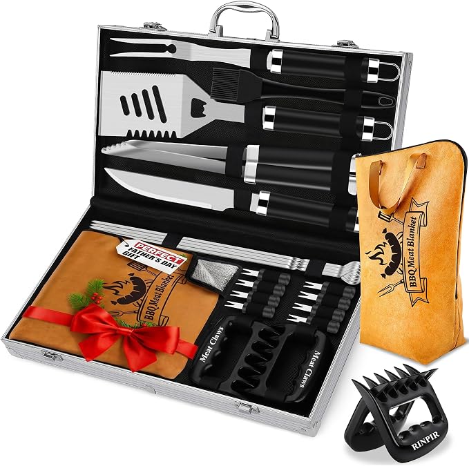 RINPIR 21pcs BBQ Grill Accessories Set with 21” Reusable Meat Blanket, Father’s Day Grilling Gifts for Men Dad, Stainless Steel Grilling Tools Utensils Kit in Aluminum Case for Outdoor Camping Black
