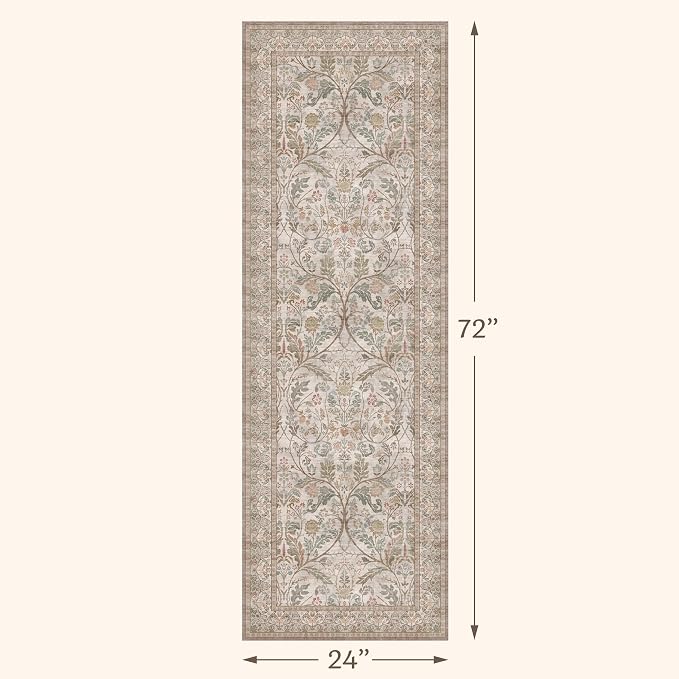 Vintage Floral Moss 2x6 Bathroom Runner Rug Non Slip - Washable Low Pile Hallway Runner, Thin Neutral Taupe Green Traditional Decor Floor Carpet for Entryway, Laundry Room, Bedroom