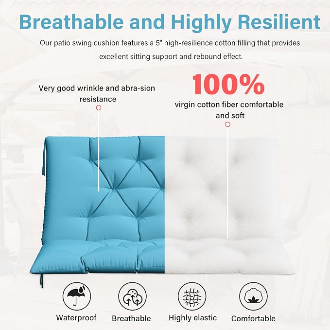Porch Swing Cushion with Backrest,Waterproof Bench Cushion for Outdoor Furniture,2-3 Seater Replacement Thickened 5 in swing cushion,with Ties,Patio,Outdoor,Backyard and Garden (Lake Blue,40x40 in)
