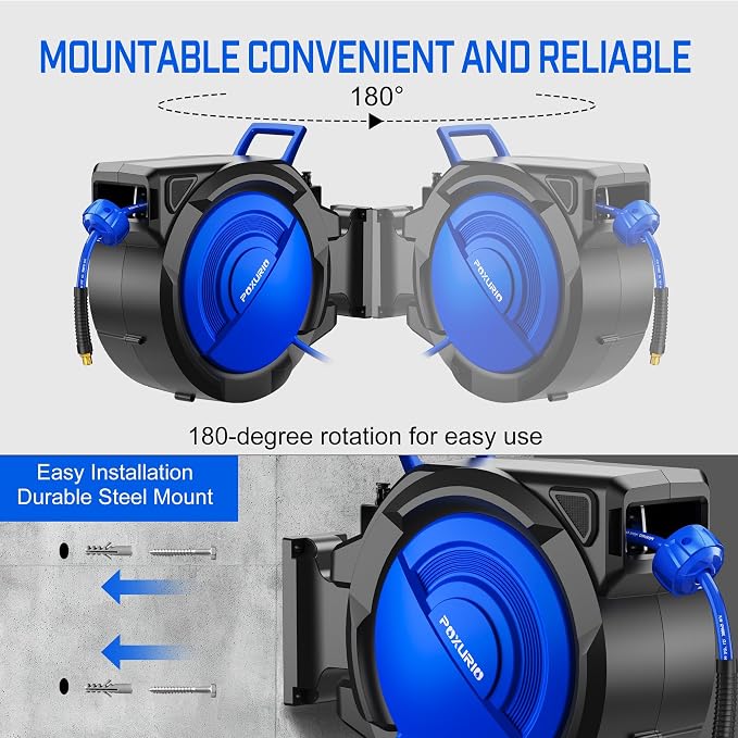 120FT+6.5FT Retractable Air Hose Reel, 5/16" Hybrid Air Hose, Air Compressor Hose Reel with Max 300 PSI Patented Design, Retractable Auto-Rewind Enclosed Heavy Duty 180° Swivel Mount