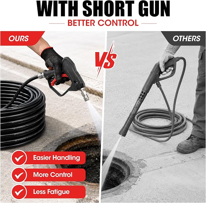 Sewer Jetter Kit for Pressure Washer 50 FT, Drain Cleaning Hose with Short Gun, 1/4" NPT, Rotating, Button Nose & Corner Nozzles, High Pressure Pipe Cleaner for Sewer and Drain Cleaning