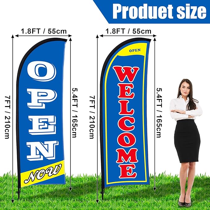 Buryeah 2 Sets Now Open Flag Banner for Business Advertising 7 ft Feather Flag Sign with Flagpole Ground Stake Portable Bag(Blue)