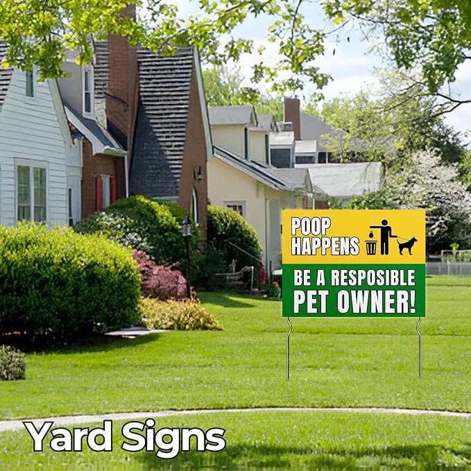 Poop Happens – Be a Responsible Pet Owner! Yard Sign by DC | 24"x18" Double Sided Pets Garden Sign with 13” Metal Stakes | Outdoor Signs Waterproof for Lawn, Patio, Sidewalk & House | Set of 3