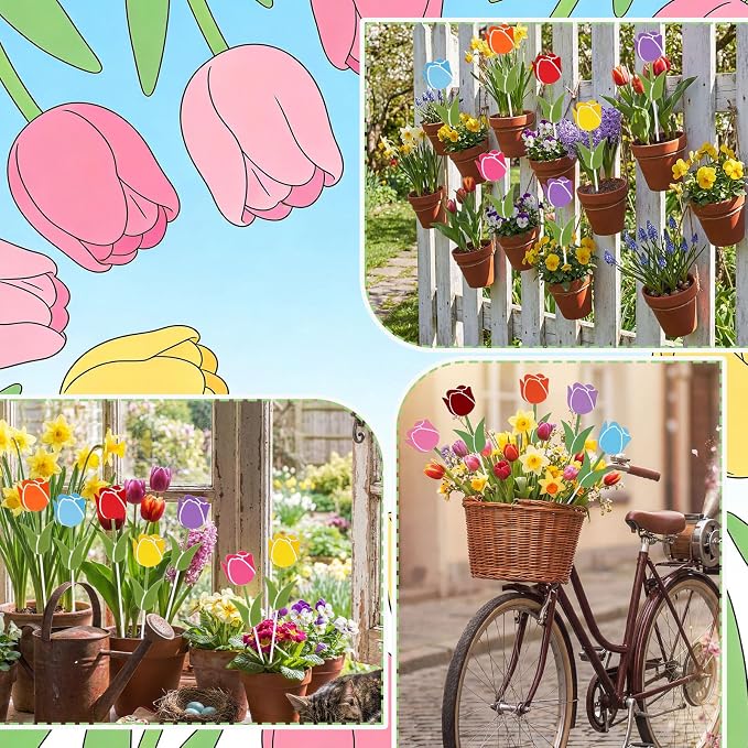 Pickmesh 6 Pcs 12" H Spring Decorations Outdoor Tulips Metal Yard Sign Flowers Spring Colorful Flower Barn Garden Stake for Easter Planter Pot Walkway Pathway Outdoor Decor Lawn Decoration
