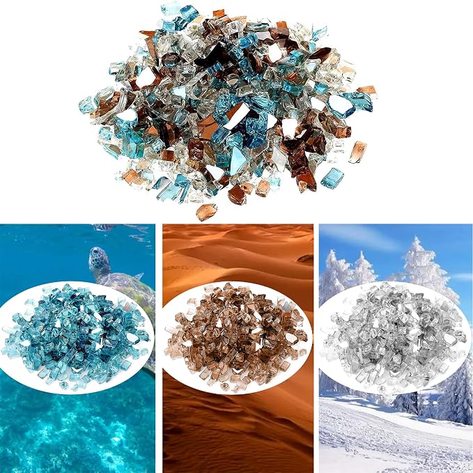 Onlyfire 10 pounds Fire Glass for Propane Fire Pit and Gas Fireplace, 1/4 Inch Blended Reflective Firepit Glass Rocks for Fire Pit Table and Fire Bowl, Aqua Blue+Platinum+Copper