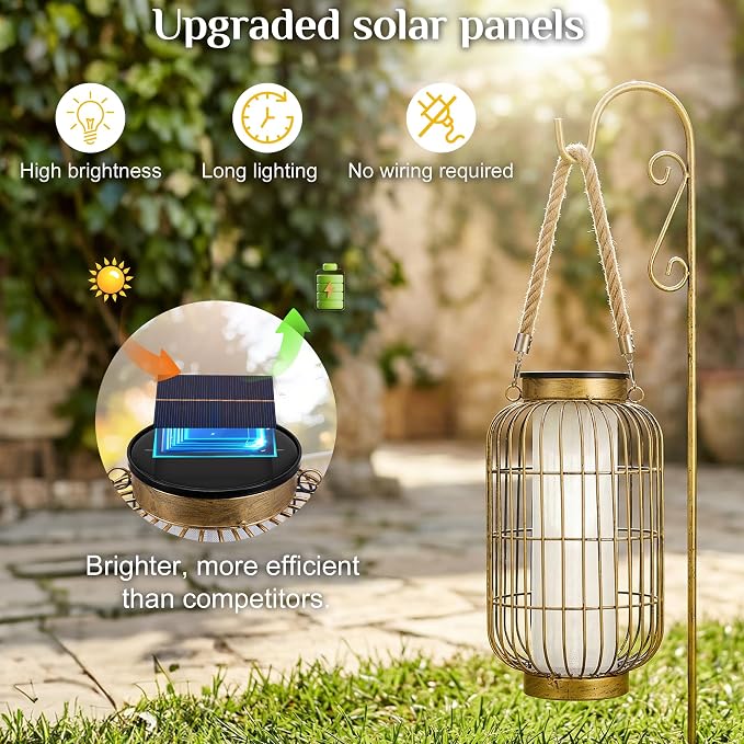 Large Solar Lanterns Outdoor Waterproof, Solar Lantern Metal Dual Charging (Usb/Solar), Two Brightness Modes Decorative Solar Lights For Yard Patio Garden Front Porch Indoor Or Tabletop Decor (Copper)