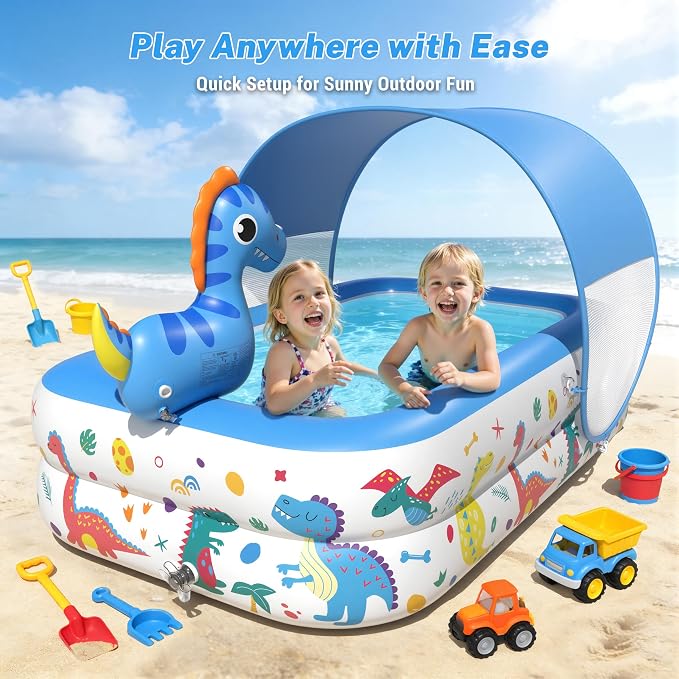 JOSEN Dinosaur Kiddie Pool with Canopy and Sprinkler, Inflatable Baby Pool with Soft Cushioned Floor, Portable Toddler Blow Up Pool Ball Pit for Backyard, Outdoor/Indoor Play Toys