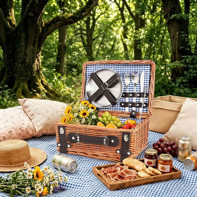 Picnic Basket Set for 2, Wicker Picnic Baskets with Waterproof Blanket and Cutlery Service Kit, Willow Hamper for Camping, Outdoors, Valentine's Day, Christmas, Birthday, Wedding Gift