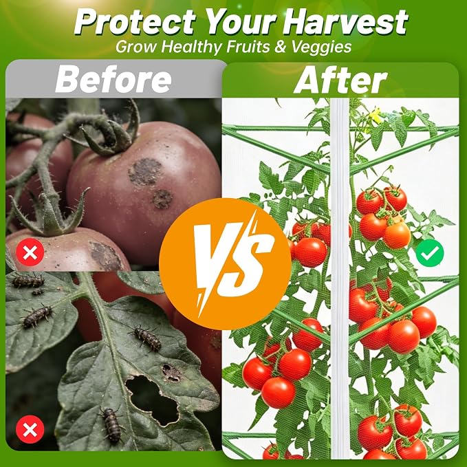 3 Pcs Garden Bird Netting Plant Cover for Triangle Tomato Cage, 67" X 12.6" X 12.6" Tomato Trellis Plant Covers with Zipper & Drawstring for Vertical Climbing Plants, Vegetable and Flowers (No Cage)