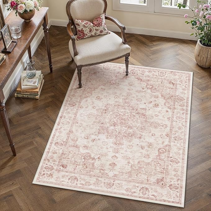 3x5 Pink Neutral Area Rug | Washable, Non Slip, Soft Low Pile, Vintage Farmhouse, for Entryway Kitchen Bathroom Living Room Bedroom Indoor Home Decor