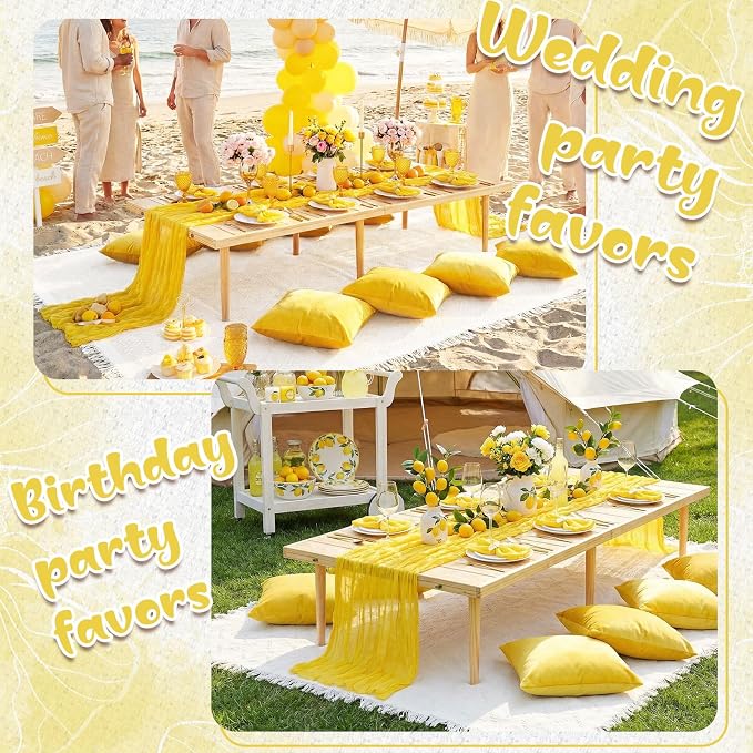 Beeveer 14 Pack Picnic Kit 91x71 Extra Large Outdoor Boho Picnic Blanket with Yellow Table Runner, 6 Throw Pillow Covers 6 Napkin Woven Cotton Yarn Oversize Washable Beach Blanket for Camp Wedding