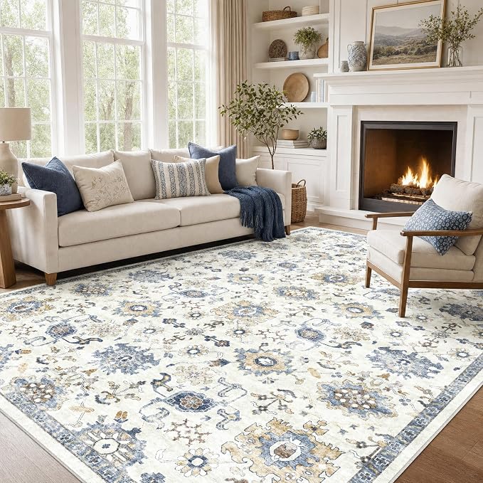 AMADA HOMEFURNISHING 9x12 Washable Area Rug, Low-Profile Large Area Rug with Non-Slip Backing & Durable Edge Binding, Vintage Large Rugs for Living Room, Bedroom & Dining Room