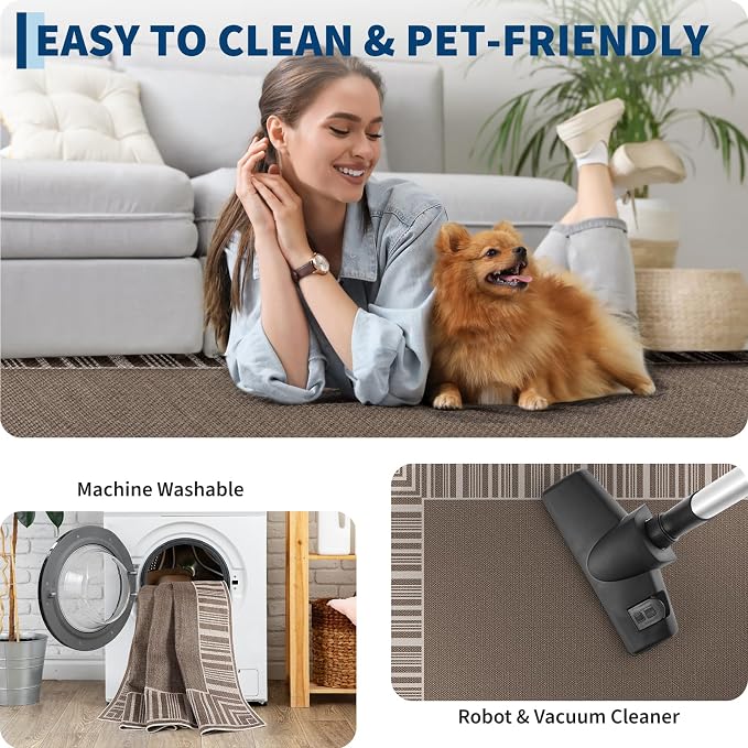 COZYLOOM Indoor Outdoor Rugs 8x10 Modern Easy Jute Washable Area Rug,Taupe | Non Slip Neutral Bordered Non Shedding Stain Resistant Foldable Rug for Living Room Dining Room Bedroom Patio Backyard