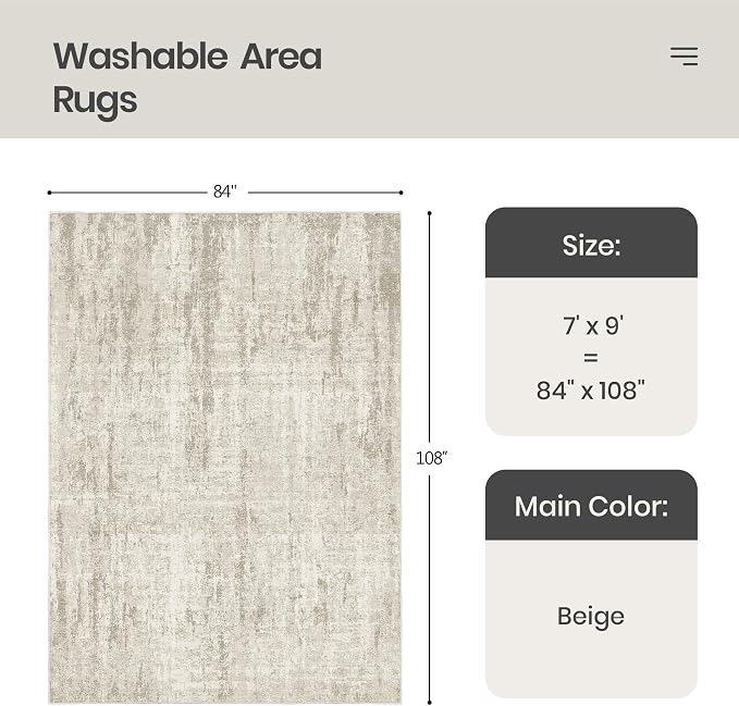 Valenrug 7x9 Area Rug, Abstract Washable Area Rugs for Living Room, Beige | Soft & Lighweight, Folable, Stain Resistant Low Pile Thin Indoor Distressed Carpet Rugs for Bedroom,Laundry Room,Kitchen