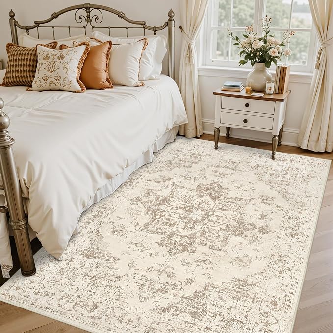4x6 Area Rugs Living Room: Bedroom Washable Carpet Beige/Ivory | Vintage Boho Soft Small Indoor Decor Floor Non-Slip Low Pile Neutral Farmhouse Entryway Laundry Bathroom Bedroom Beside Rugs