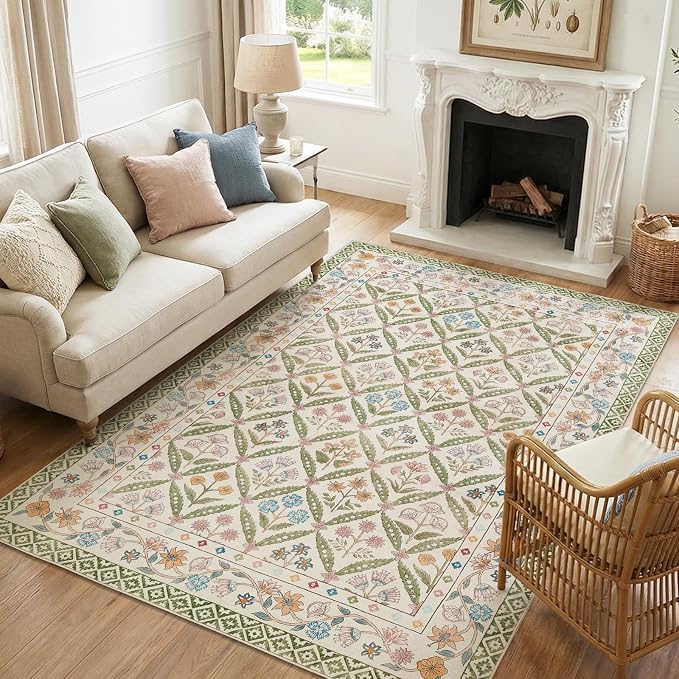 jinchan 5x7 Vintage Floral Washable Living Room Area Rug, Sage Green | Soft & Lightweight, Checkered Floral, Low Pile, Non Slip, Bedroom, Dining Room, Girls Room, Home Office, Cottage Decor