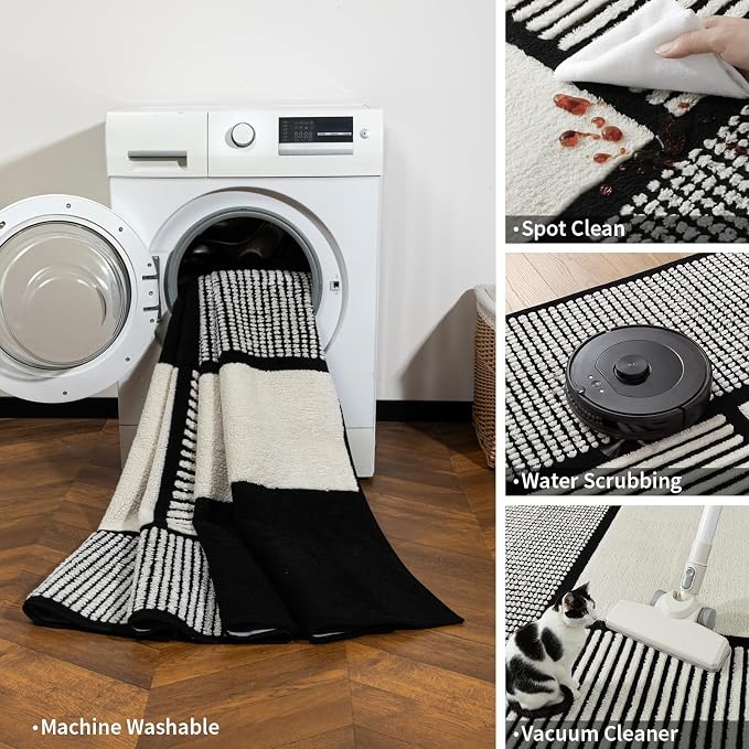 5x7 Black and White Area Rug, Washable Non Slip Living Room Carpet | Stain-resistant Low-pile Black and White Geometric Rug, Abstract Patchwork Carpet for Living Room Bedroom and Dining Room