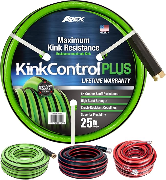 Kink Control Plus Water Hose 25ft - High Burst Strength and Superior Flexibility Garden Hoses, Outdoor Hose with Kink Resistance, Triple Frame Technology, Made in USA.