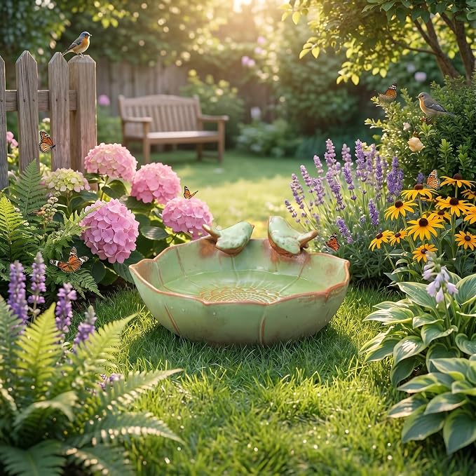Large Ceramic Bird Bath for Outdoors, 10.1" Garden Bird Bath Bowl Only, Handmade Tabletop Ground Birdbath Bowl, Weather Resistant Wildlife Water Bowl for Outside, Garden, Balcony and Lawn
